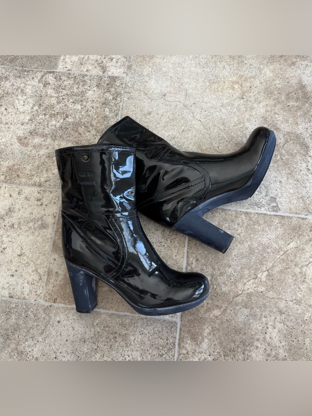 See by Chloe brand new Navy Patent Mid-Calf Heeled Boots